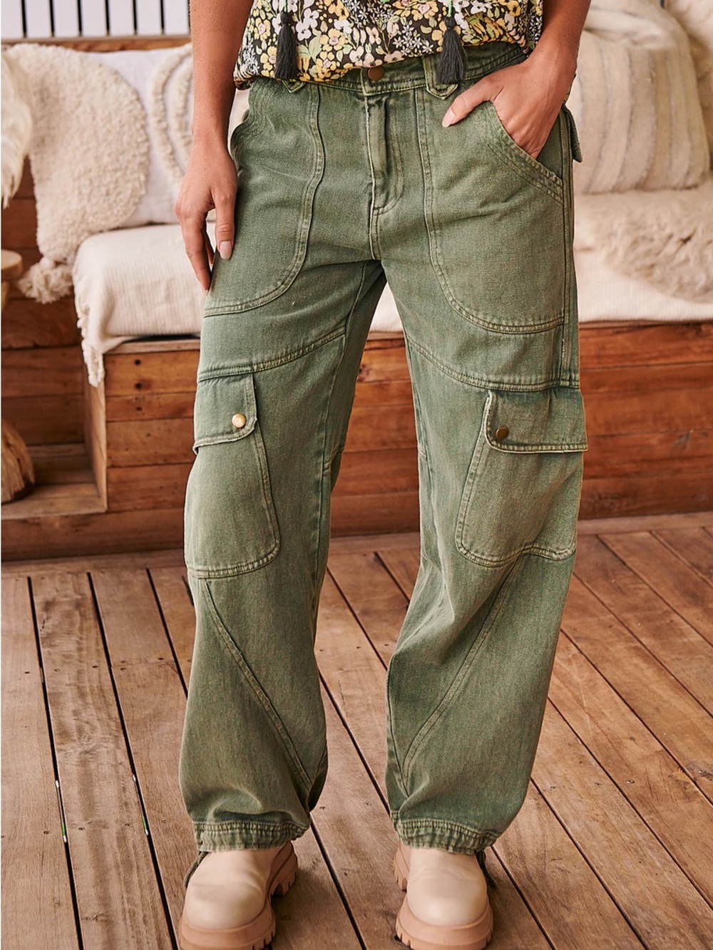 Free people come and get it utility olive hunter green parachute cargo pants - Picture 2 of 9